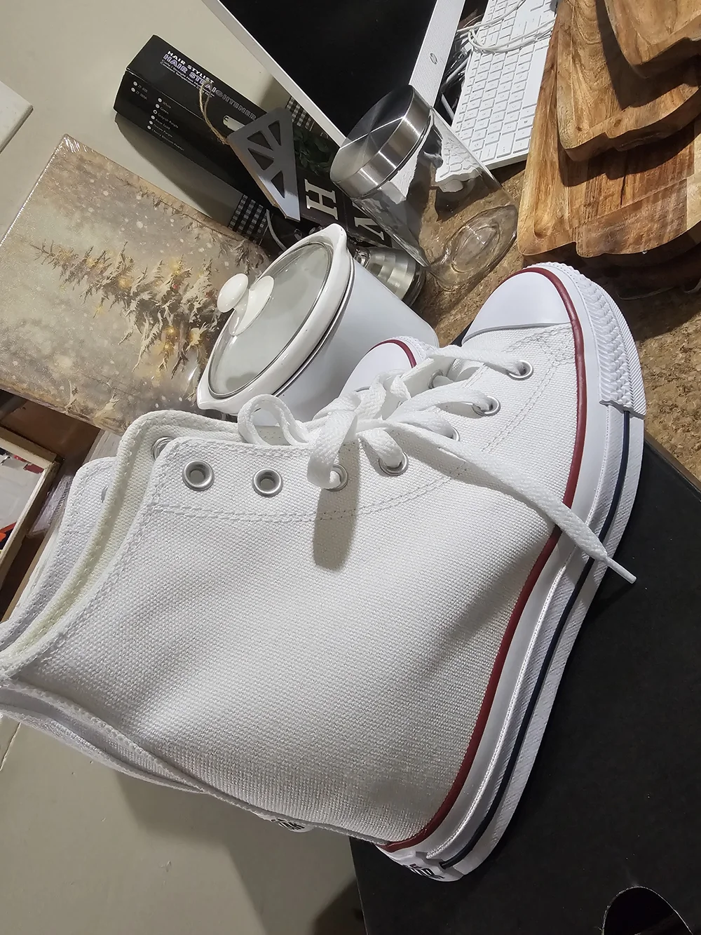 Converse White High-Top Canvas Sneakers with Red & Navy Trim